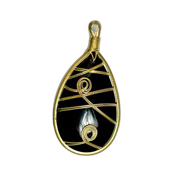 Black Teardrop Shape Stone Wrapped in Gold Wire Pendant - Picture 2 of 2